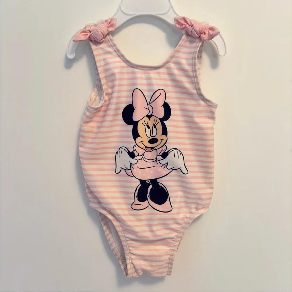 Disney Junior Minnie Mouse One-Piece Swimsuit Pink White Stripe Size 2T